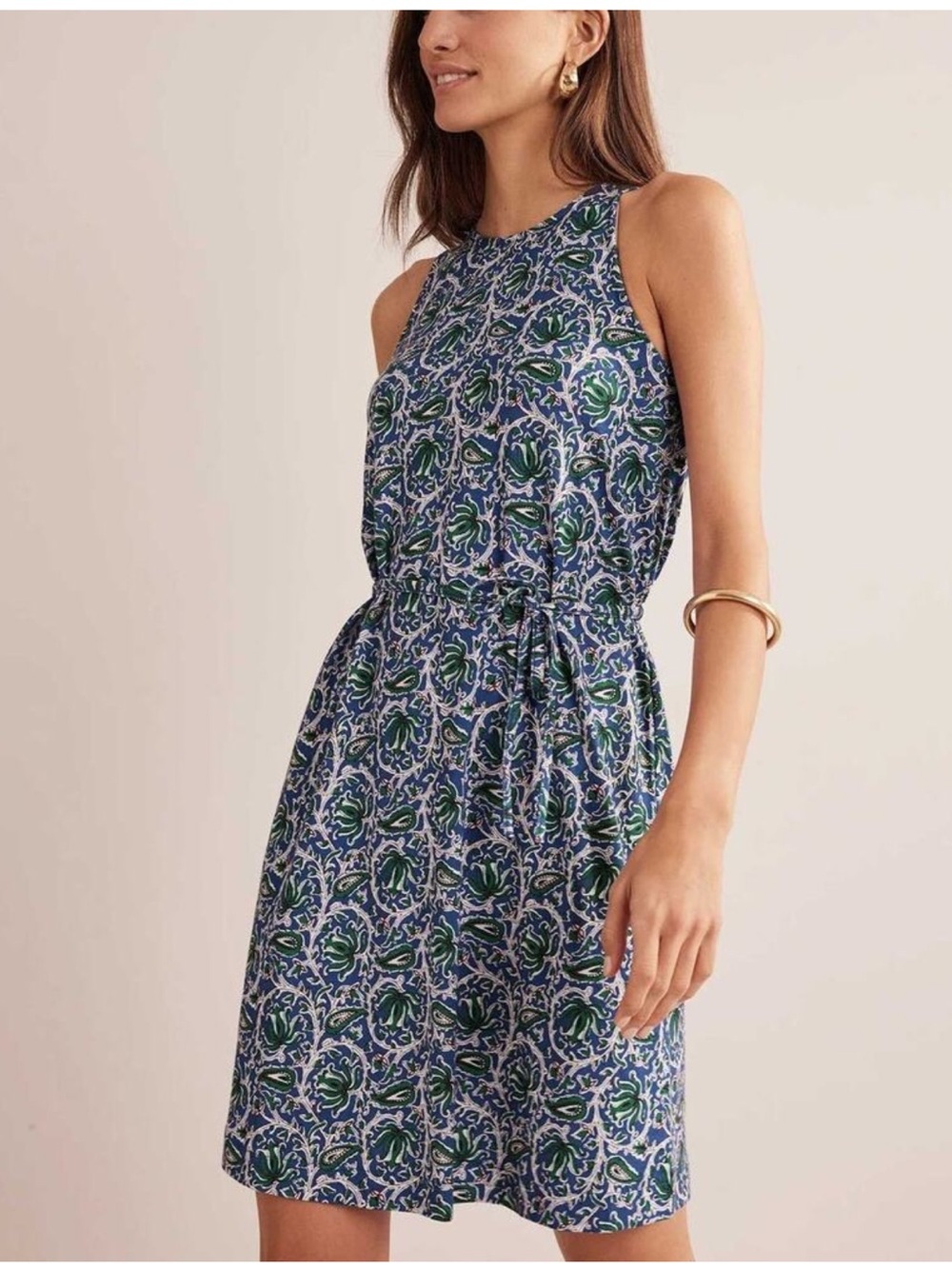 Boden  Floral Paisley Tie Waist Dress Blue Botanic Vine Sleeveless size 6R